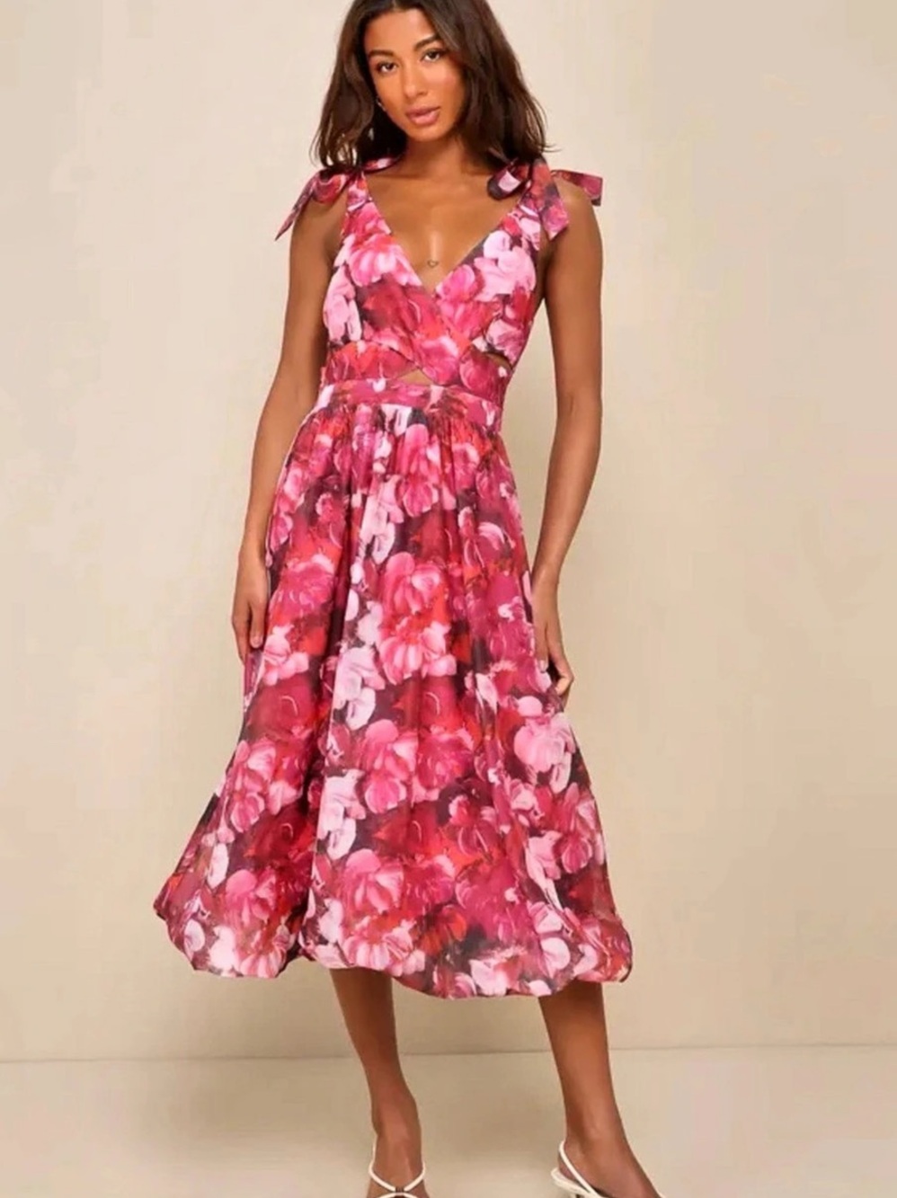 Lulus Flowering Day Dream Magenta Floral Organza Midi Bubble Dress